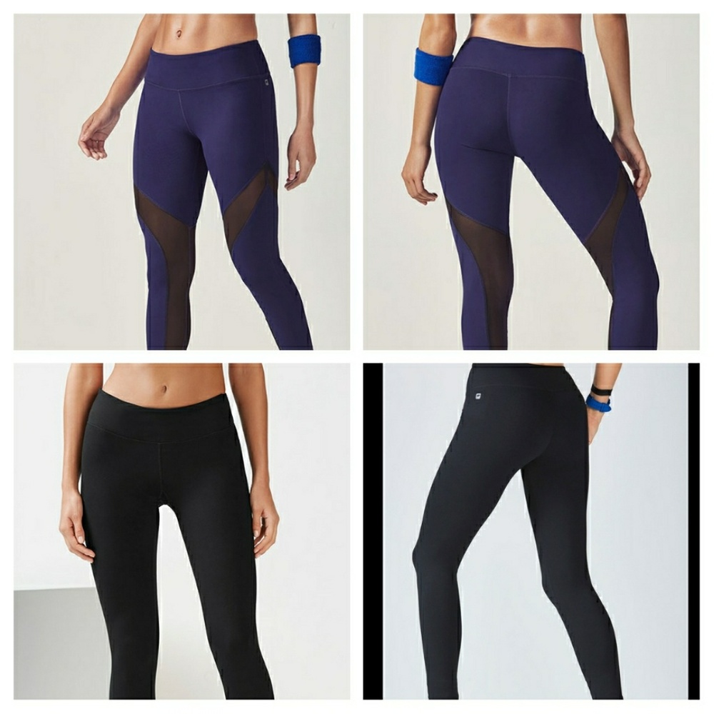 Fabletics Blue/Purple Mid-Rise Leggings with Black See-Through Inserts